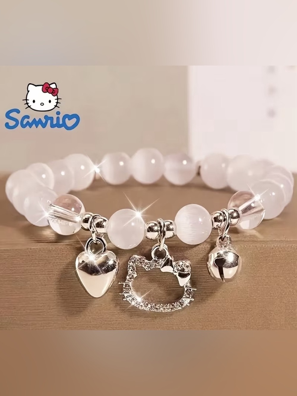 1-Hello Kitty Charm and Glass White Bead Bracelet